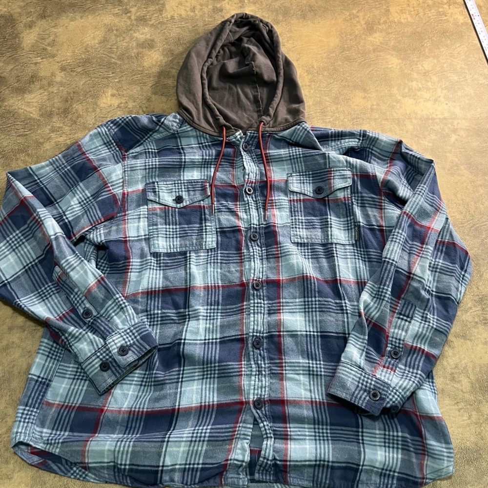 Columbia Hooded Flannel Shirt Mens XL Blue Plaid Button Down AM0044 3880
